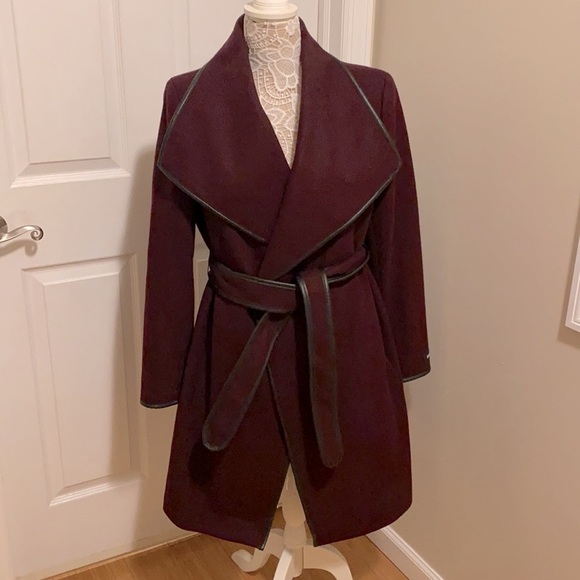 Dkny Jackets & Blazers - DKNY Faux-Leather-Trim Wrap Coat 🧥 in Bordeaux